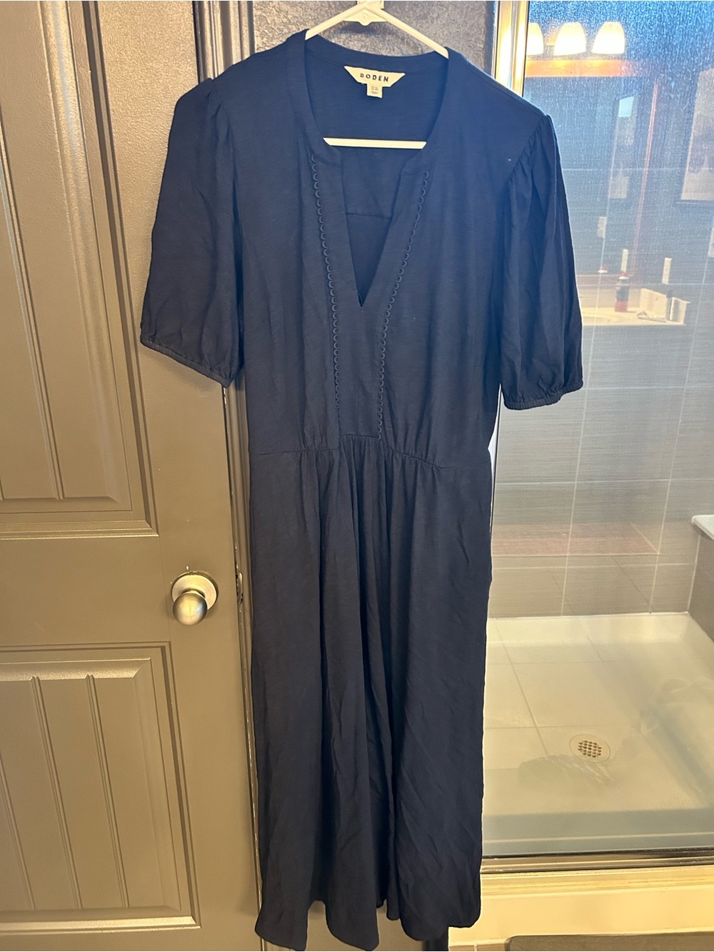 Boden Sofia Trim Navy Midi Dress with V-Neck and Puff Sleeves